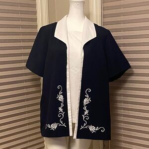 Navy Blue Embroidered uniform top with faux blouse. Workwear